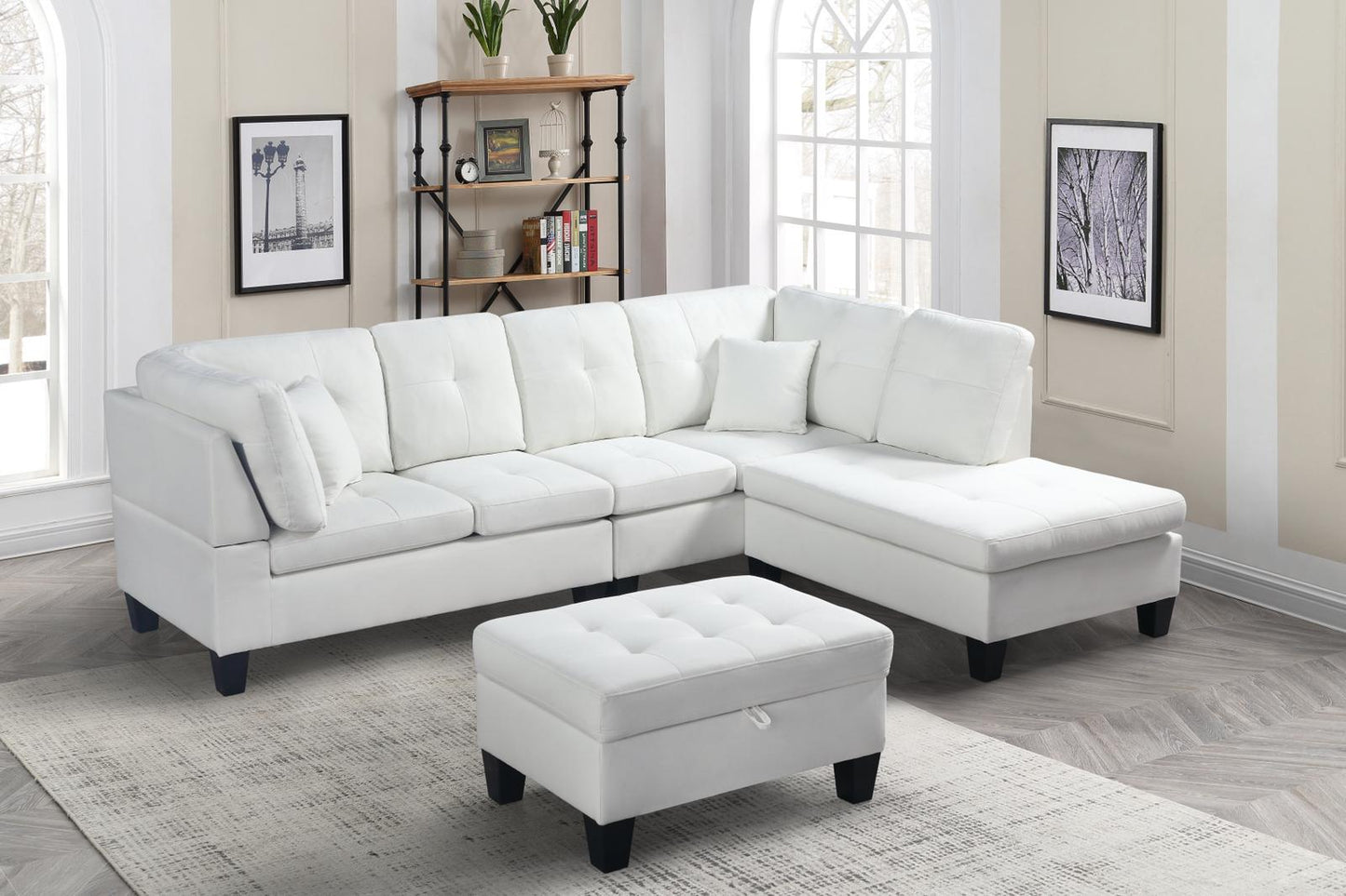 (1012 CREAM)- REVERSIBLE- FABRIC SECTIONAL SOFA- WITH STORAGE OTTOMAN