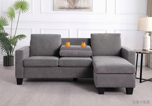 (TATE GREY)- 80" LONG- REVERSIBLE- 3 SEATER FABRIC SECTIONAL SOFA- WITH DROP DOWN TRAY