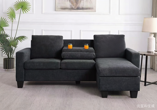 (TATE BLACK)- 80" LONG- REVERSIBLE- 3 SEATER FABRIC SECTIONAL SOFA- WITH DROP DOWN TRAY