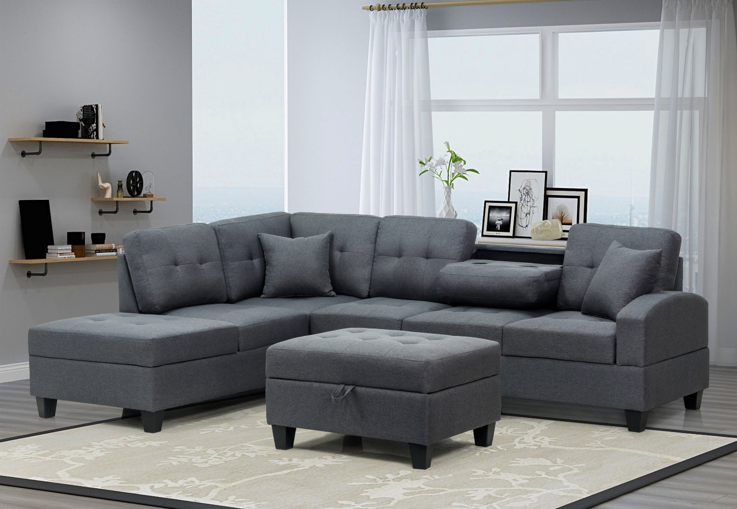 (AM 1311 GREY LHF)- FABRIC SECTIONAL SOFA- WITH STORAGE OTTOMAN