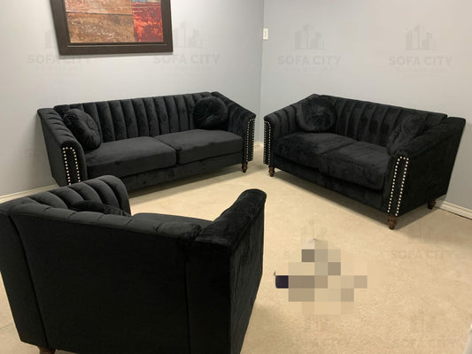 (DF 1361 BLACK SLC)- VELVET FABRIC SOFA + LOVESEAT + CHAIR