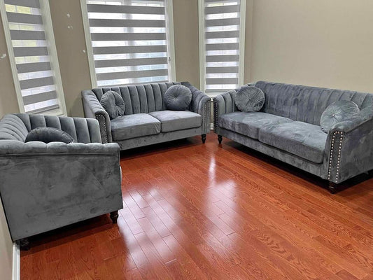 (DF 1361 DARK GREY SLC)- VELVET FABRIC SOFA + LOVESEAT + CHAIR