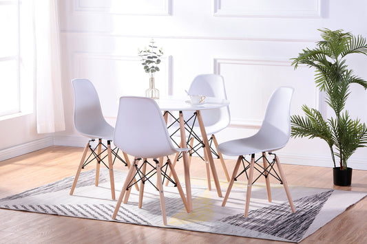 (1405 WHITE- 1421 WHITE- 5)- 32" ROUND- WOOD DINING TABLE- WITH 4 CHAIRS