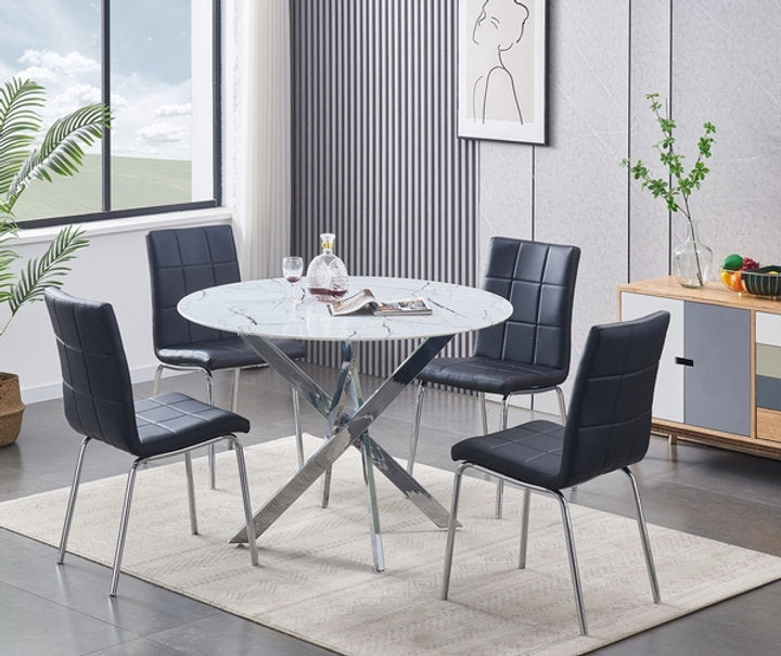 (1445- 1760 BLACK- 5)- 44" ROUND- GLASS DINING TABLE- WITH 4 CHAIRS
