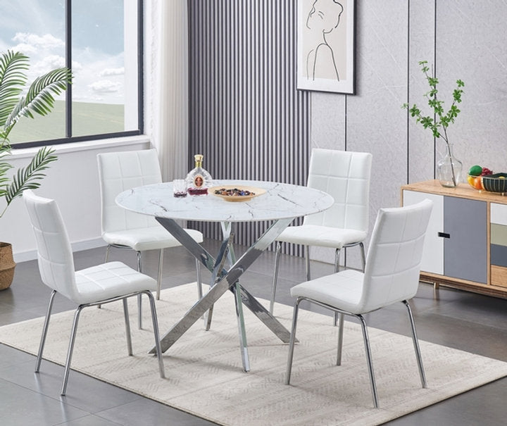 (1445- 1761 WHITE- 5)- 44" ROUND- GLASS DINING TABLE- WITH 4 CHAIRS