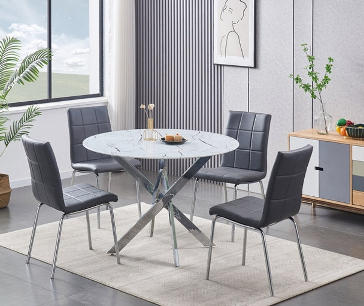 (1445- 1762 GREY- 5)- 44" ROUND- GLASS DINING TABLE- WITH 4 CHAIRS