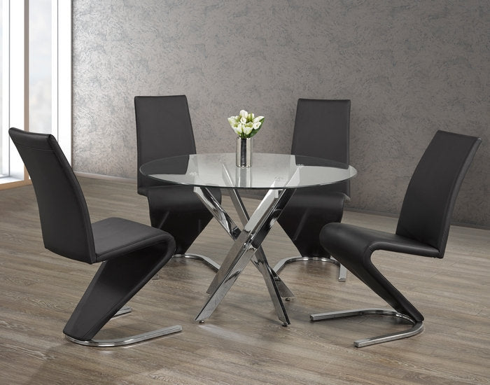 (1447- 1785 BLACK- 5)- 44" ROUND- GLASS DINING TABLE- WITH 4 CHAIRS