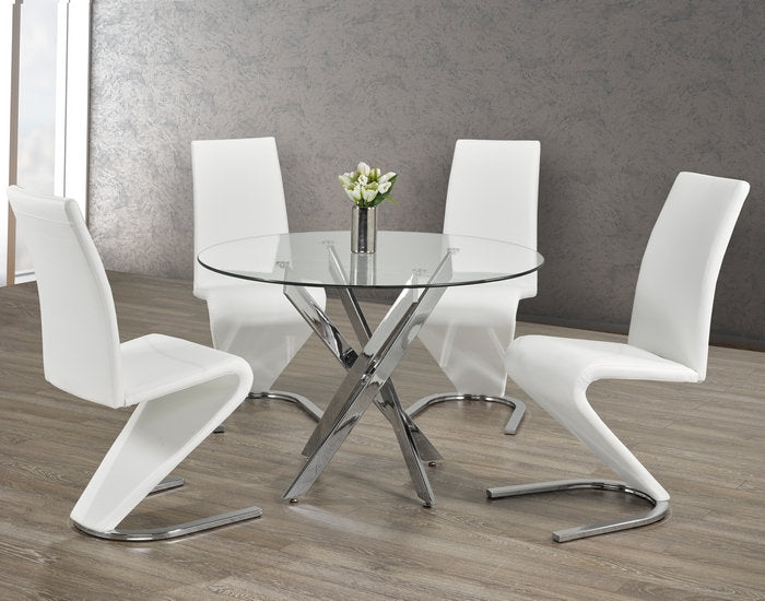 (1447- 1786 WHITE- 5)- 44" ROUND- GLASS DINING TABLE- WITH 4 CHAIRS