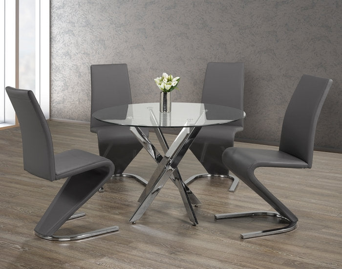 (1447- 1787 GREY- 5)- 44" ROUND- GLASS DINING TABLE- WITH 4 CHAIRS