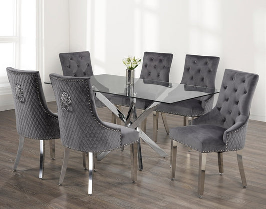 (1448- 1250 GREY- 7)- 63" LONG - GLASS DINING TABLE - WITH 6 CHAIRS