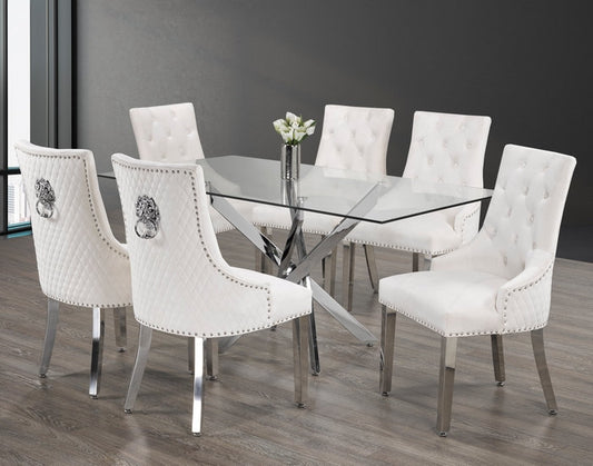 (1448- 1253 CREAM- 7)- 63" LONG - GLASS DINING TABLE - WITH 6 CHAIRS