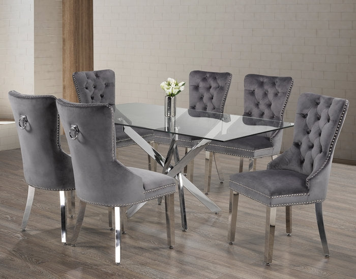 (1448- 1260 GREY- 7)- 63" LONG - GLASS DINING TABLE - WITH 6 CHAIRS