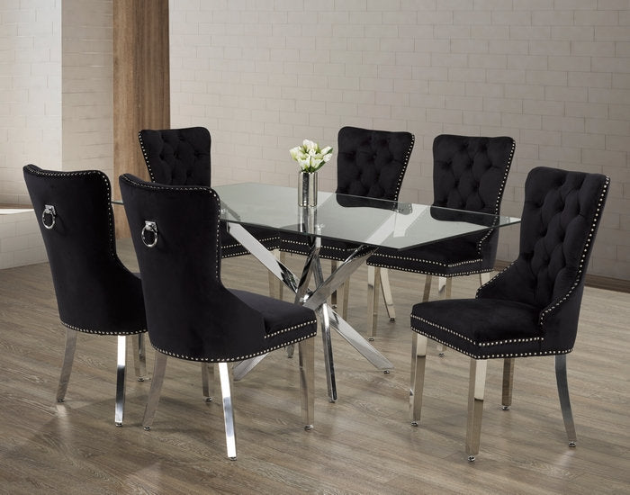 (1448- 1261 BLACK- 7)- 63" LONG - GLASS DINING TABLE - WITH 6 CHAIRS