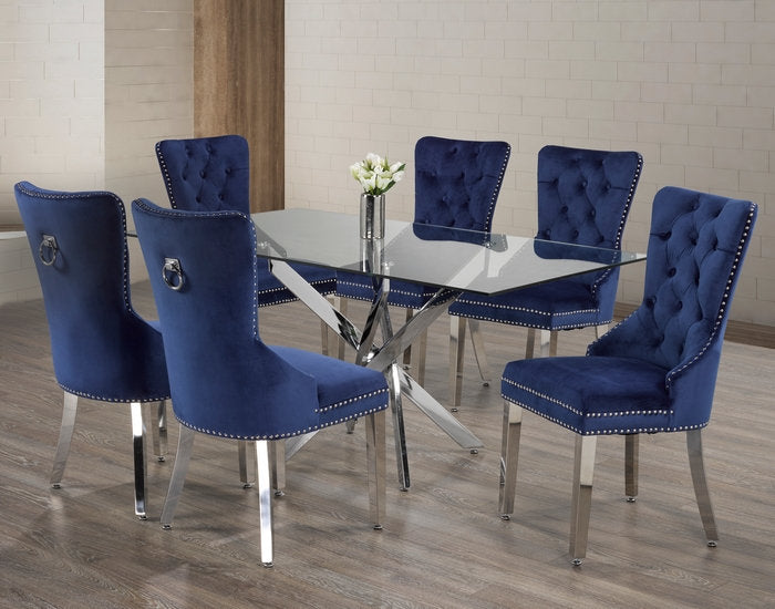 (1448- 1262 BLUE- 7)- 63" LONG - GLASS DINING TABLE - WITH 6 CHAIRS