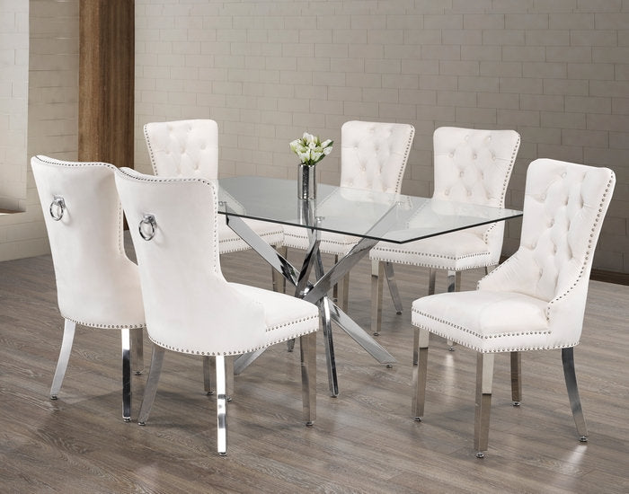 (1448- 1263 CREAM- 7)- 63" LONG - GLASS DINING TABLE - WITH 6 CHAIRS