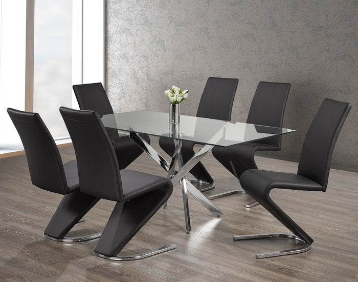 (1448- 1785 BLACK- 7)- 63" LONG - GLASS DINING TABLE - WITH 6 CHAIRS