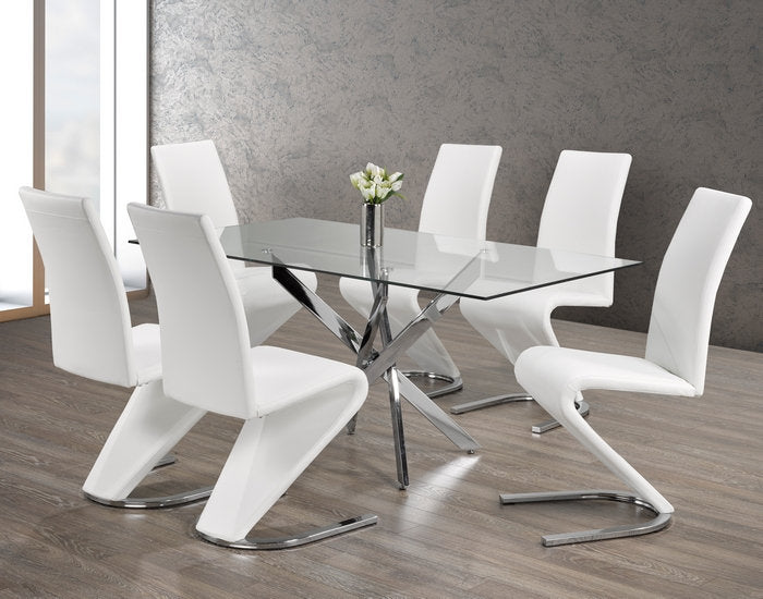 (1448- 1786 WHITE- 7)- 63" LONG - GLASS DINING TABLE - WITH 6 CHAIRS