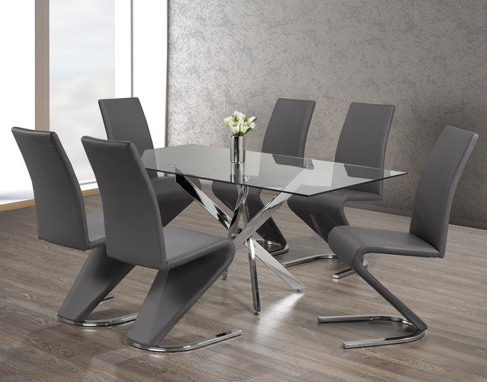 (1448- 1787 GREY- 7)- 63" LONG - GLASS DINING TABLE - WITH 6 CHAIRS