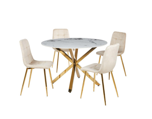 (17 GOLD- 170 BEIGE- 5)- 47" ROUND- CERAMIC DINING TABLE- WITH 4 CHAIRS- TEXT OR WHATSAPP 416 319 8851 FOR STOCK AVAILABILITY BEFORE PAYING