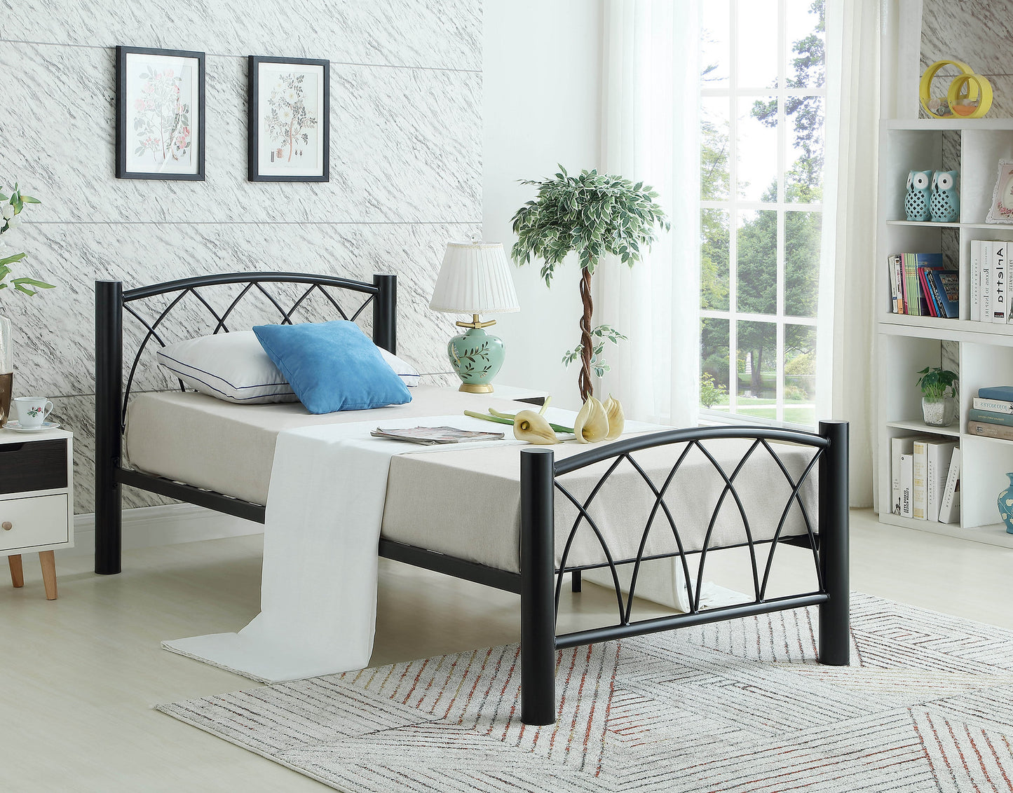 TWIN (SINGLE) SIZE- (182 BLACK)- METAL BED FRAME- WITH SLATTED PLATFORM