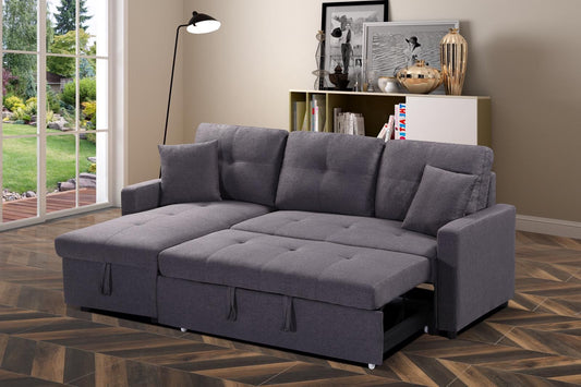 (1866 GREY)- REVERSIBLE- FABRIC SECTIONAL SOFA WITH PULL OUT BED