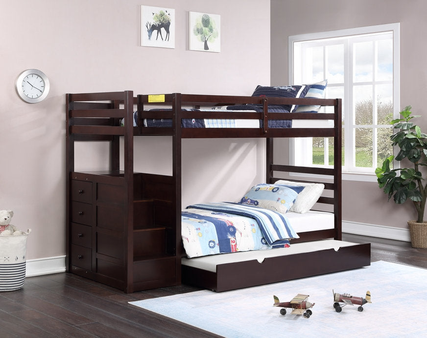 TWIN/ TWIN- (1890 ESPRESSO)- STAIRCASE WOOD BUNK BED (TRUNDLE NOT INCLUDED)