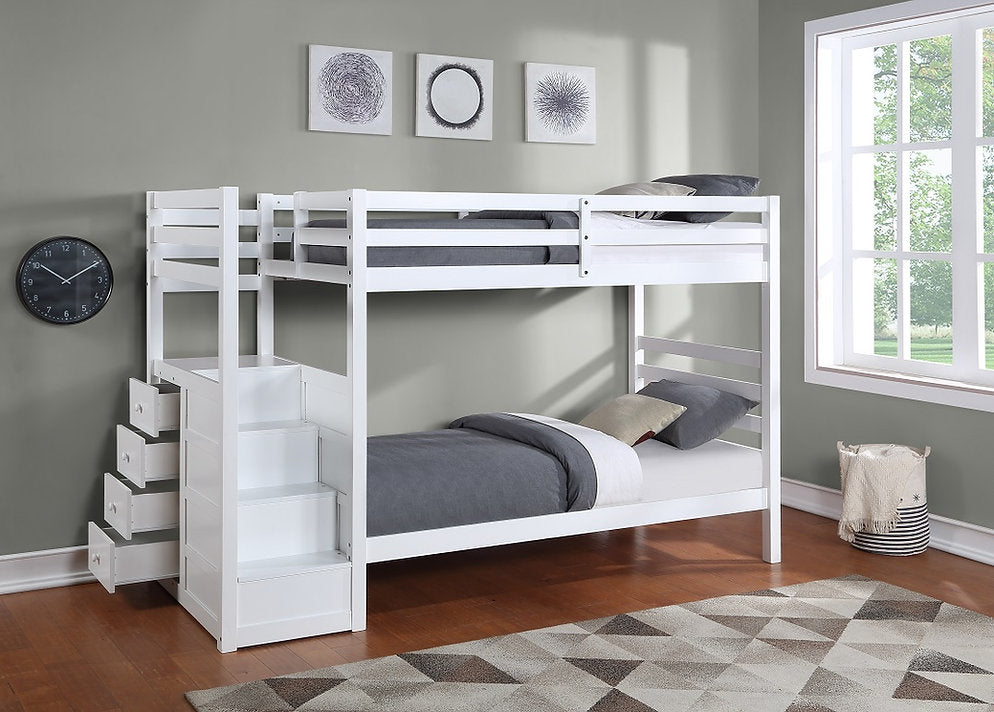 TWIN/ TWIN- (1892 WHITE)- STAIRCASE WOOD BUNK BED