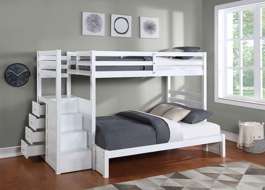 TWIN/ DOUBLE- (1892 EK WHITE)- STAIRCASE WOOD BUNK BED