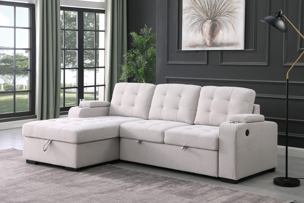 (69623 BEIGE LHF)- FABRIC SECTIONAL SOFA WITH PULL OUT BED- TEXT OR WHATSAPP 416 319 8851 FOR STOCK AVAILABILITY BEFORE PAYING