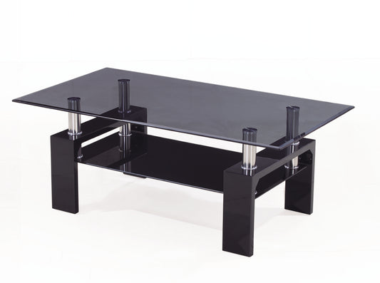 (2011 BLACK- 1)- GLASS COFFEE TABLE- WITH SHELF- INVENTORY CLEARANCE