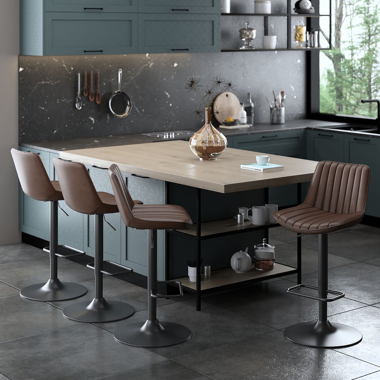 (KOSI DARK BROWN- 2 PACK)- LEATHER ADJUSTABLE HEIGHT BAR STOOLS