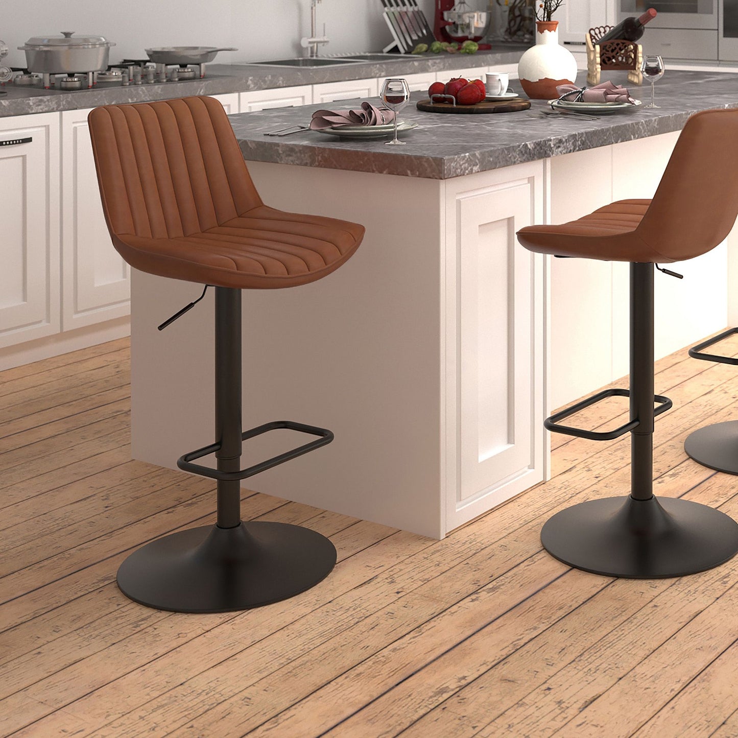 (KOSI SADDLE BROWN- 2 PACK)- LEATHER ADJUSTABLE HEIGHT BAR STOOLS