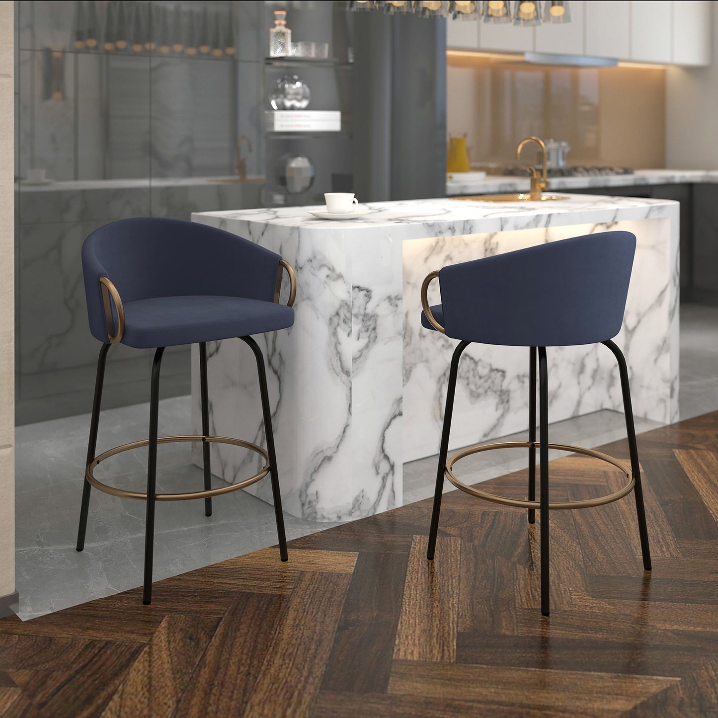 (LAVO BLUE- 2 PACK)- SWIVEL- VELVET FABRIC COUNTER STOOLS