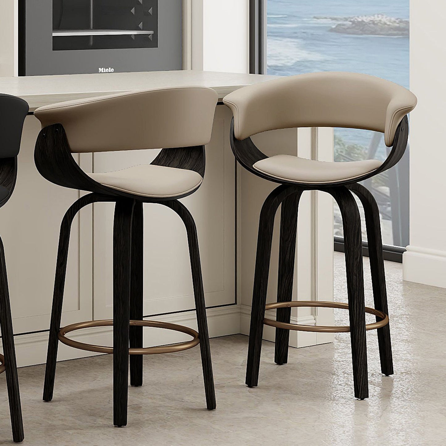 (HOLT MUSHROOM BEIGE- 2 PACK)- LEATHER FIXED HEIGHT COUNTER STOOLS