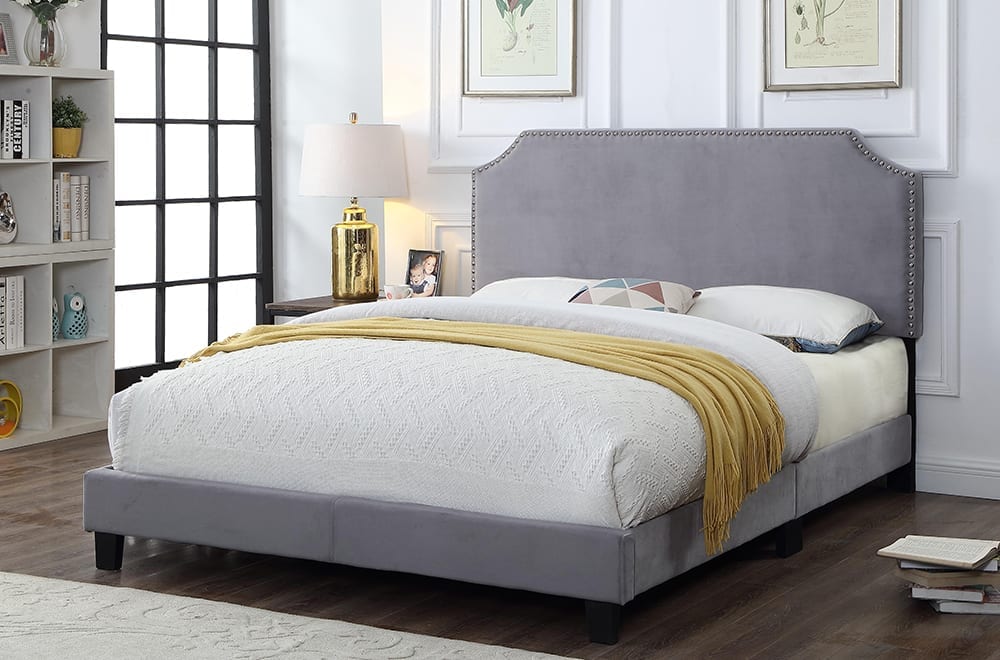 QUEEN SIZE- (2116 LIGHT GREY)- VELVET FABRIC BED FRAME- (BOX SPRING REQUIRED)