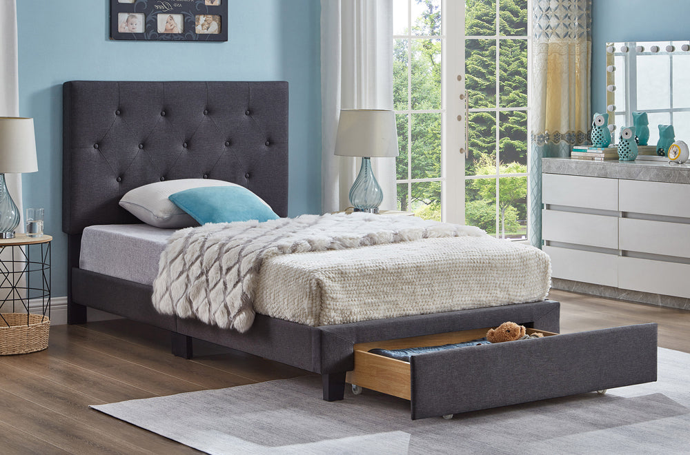 TWIN (SINGLE) SIZE- (2125 DARK GREY)- FABRIC BED FRAME- WITH FOOTBOARD DRAWER- WITH SLATS