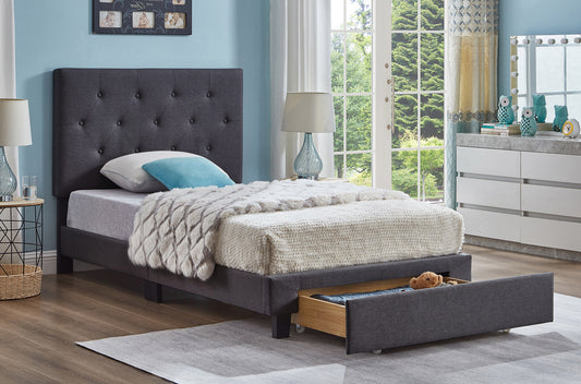 TWIN (SINGLE) SIZE- (2125 DARK GREY)- FABRIC STORAGE BED FRAME- WITH FOOTBOARD DRAWER- WITH SLATS