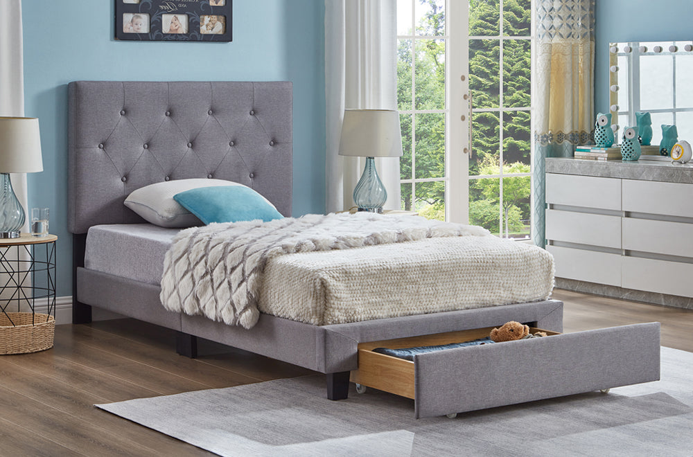 TWIN (SINGLE) SIZE- (2125 GREY)- FABRIC BED FRAME- WITH FOOTBOARD DRAWER- WITH SLATS