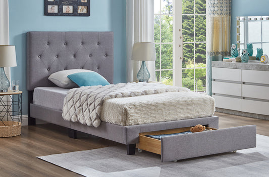 TWIN (SINGLE) SIZE- (2125 GREY)- FABRIC STORAGE BED FRAME- WITH FOOTBOARD DRAWER- WITH SLATS