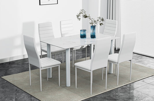 (3408 WHITE- 7)- 56" long- GLASS DINING TABLE- WITH 6 CHAIRS