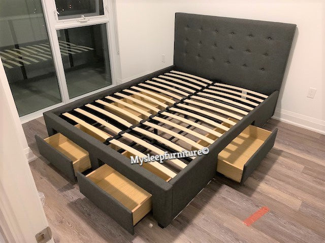 DOUBLE (FULL) SIZE- (2152 GREY)- FABRIC BED FRAME- WITH DRAWERS ON 3 SIDES