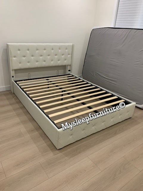 QUEEN SIZE- (2162 OFF WHITE)- LINEN FABRIC BED FRAME IN A BOX- WITH LIFT UP STORAGE