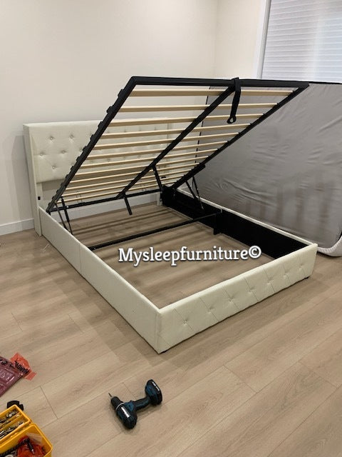 KING SIZE- (2162 OFF WHITE)- LINEN FABRIC BED FRAME IN A BOX- WITH LIFT UP STORAGE