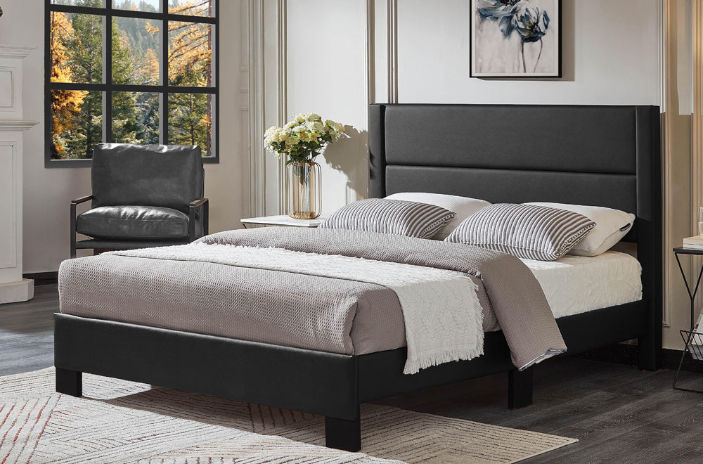 QUEEN SIZE- (2175 BLACK)- LEATHER BED FRAME- WITH SLATS