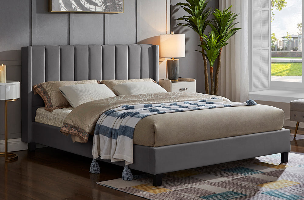 QUEEN SIZE- (2190 GREY)- FABRIC BED FRAME- WITH SLATS- OUT OF STOCK UNTIL SEPTEMBER 30, 2023