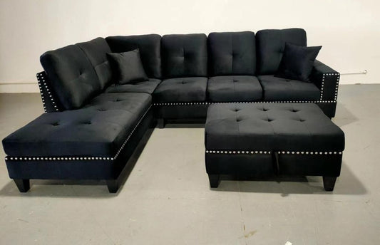 (2208 BLACK LHF)- VELVET FABRIC SECTIONAL SOFA- WITH STORAGE OTTOMAN- OUT OF STOCK UNTIL JANUARY 9, 2025
