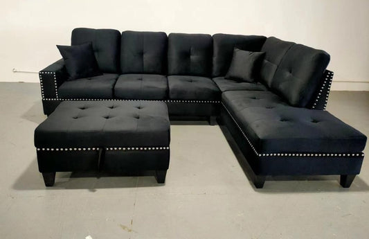 (2208 BLACK RHF)- VELVET FABRIC SECTIONAL SOFA- WITH STORAGE OTTOMAN