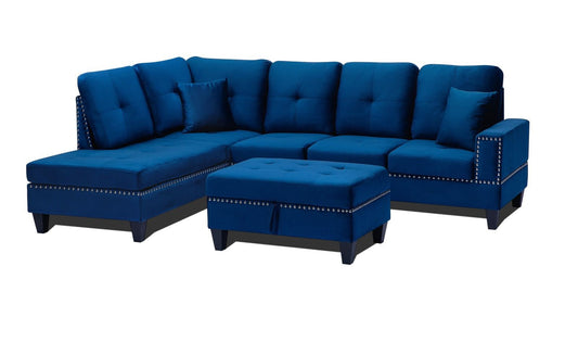 (2208 BLUE LHF)- VELVET FABRIC SECTIONAL SOFA- WITH STORAGE OTTOMAN
