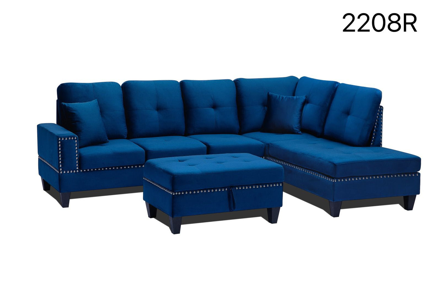(2208 BLUE RHF)- VELVET FABRIC SECTIONAL SOFA- WITH STORAGE OTTOMAN