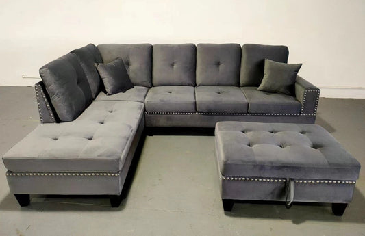 (2208 GREY LHF)- VELVET FABRIC SECTIONAL SOFA- WITH STORAGE OTTOMAN- TEXT OR WHATSAPP 416 319 8851 FOR STOCK AVAILABILITY BEFORE PAYING